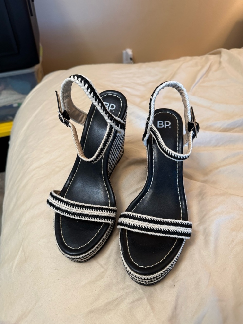 Nordstrom Brass Plum. Navy and  White Rope-Trim Wedge Sandals